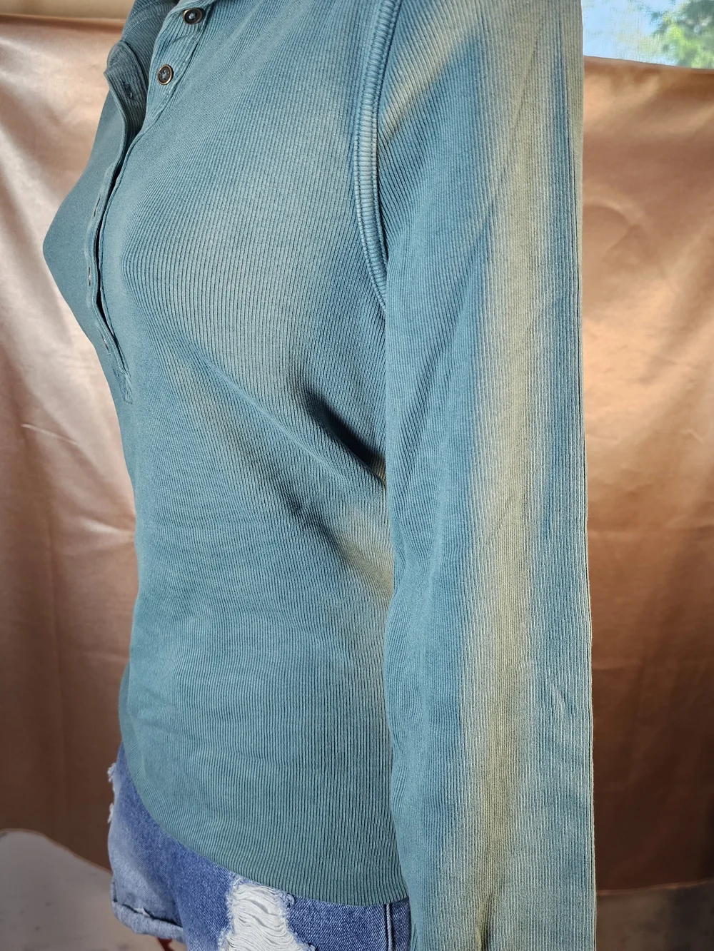 Free People We The Free Ribbed Henley Top Size Large Green Mineral Wash NWT